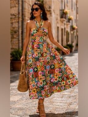 NWT CeliaB Narmada Halter Midi Dress M Resort Vacation Wedding Guest Luxe